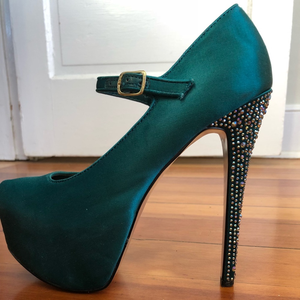 Teal heels with gems on back